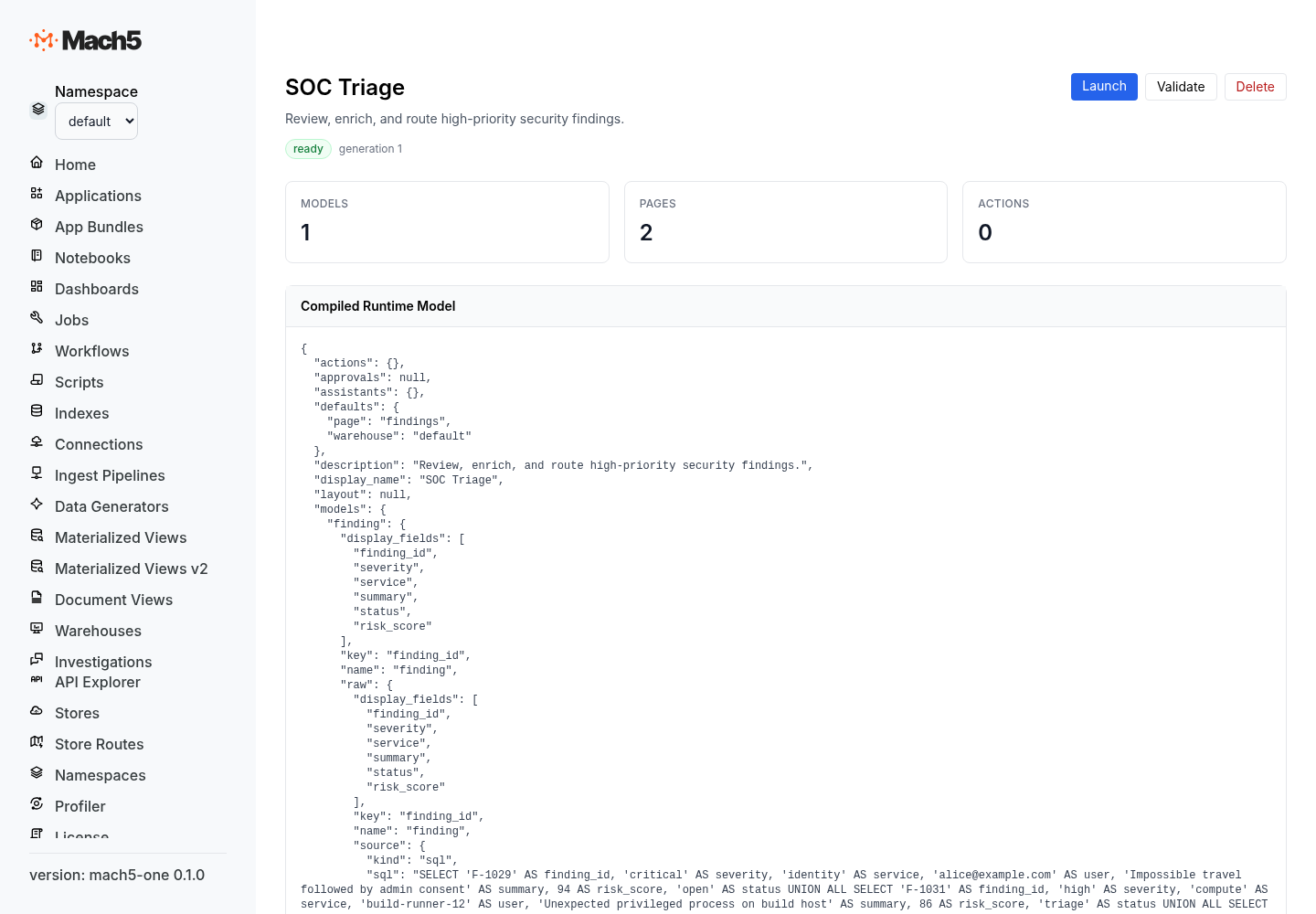 Application detail with compiled model